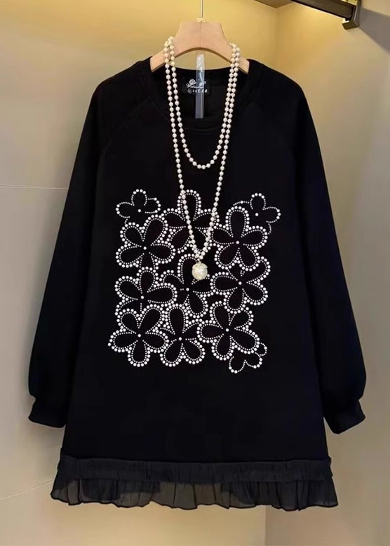 Plus Size Black Oversized Patchwork Cotton Sweatshirt Streetwear Fall