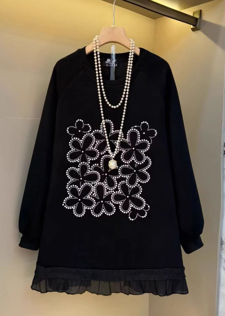 Plus Size Black Oversized Patchwork Cotton Sweatshirt Streetwear Fall