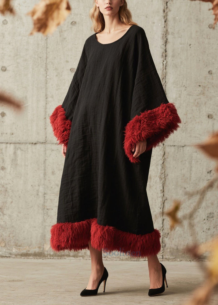 Plus Size Black Oversized Patchwork Faux Fur Ankle Dress Fall
