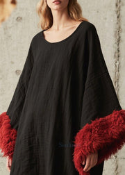Plus Size Black Oversized Patchwork Faux Fur Ankle Dress Fall