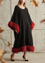 Plus Size Black Oversized Patchwork Faux Fur Ankle Dress Fall
