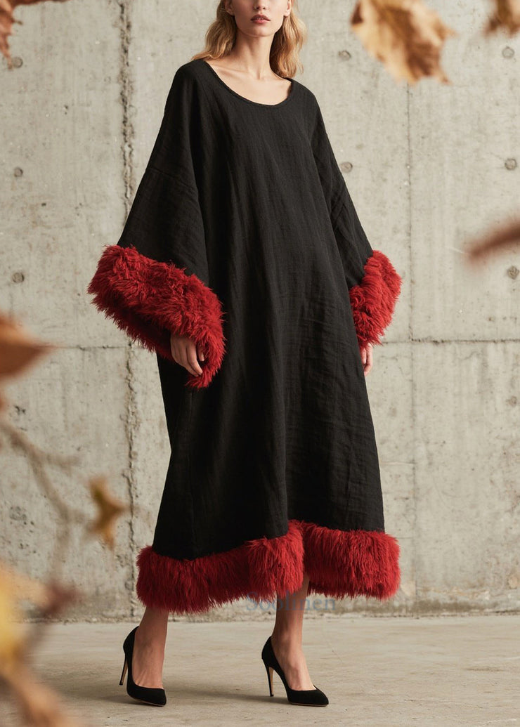 Plus Size Black Oversized Patchwork Faux Fur Ankle Dress Fall