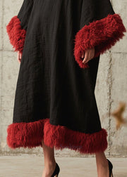 Plus Size Black Oversized Patchwork Faux Fur Ankle Dress Fall