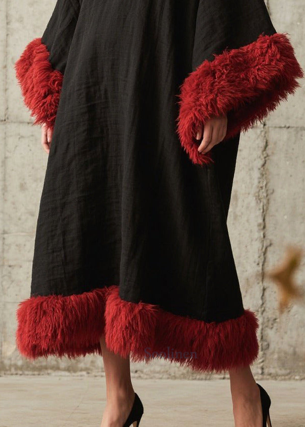 Plus Size Black Oversized Patchwork Faux Fur Ankle Dress Fall