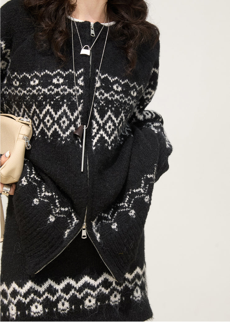 Plus Size Black Oversized Print Knit Two Piece Set Women Clothing Spring