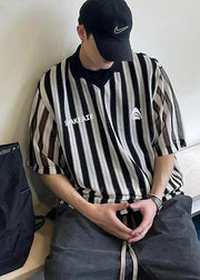 Plus Size Black Oversized Striped Cotton Men's Grunt Style Shirts Summer