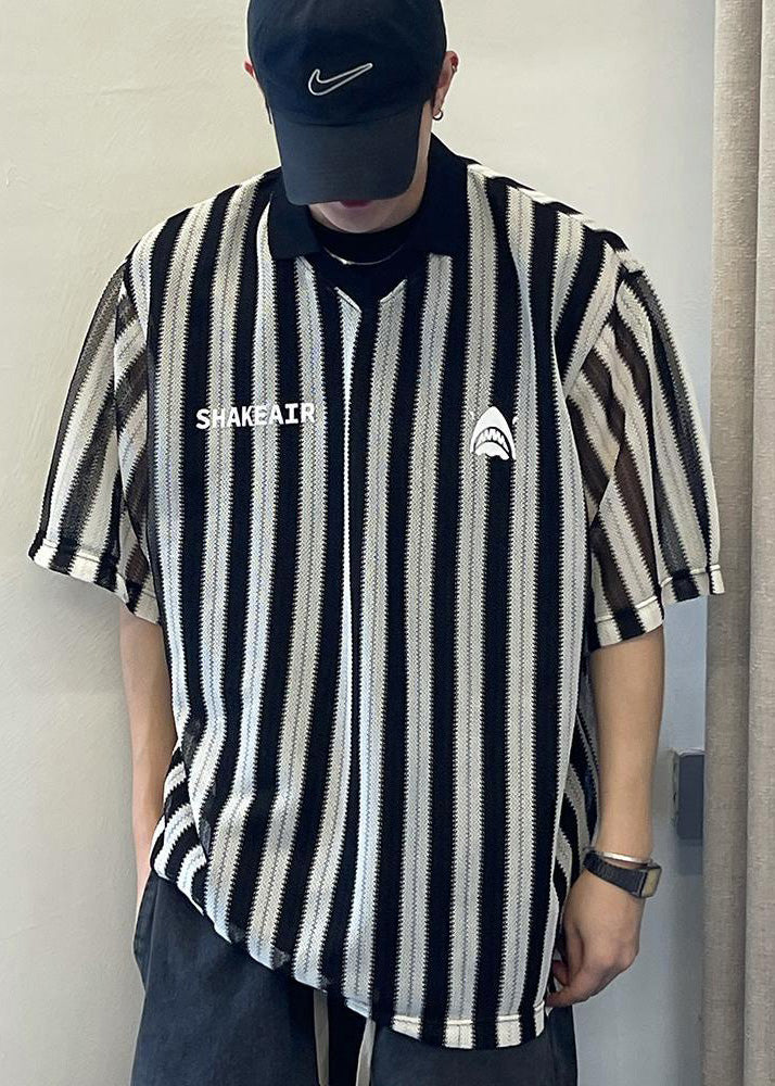 Plus Size Black Oversized Striped Cotton Men&
