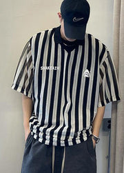 Plus Size Black Oversized Striped Cotton Men's Grunt Style Shirts Summer