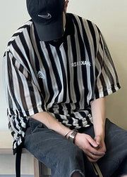 Plus Size Black Oversized Striped Cotton Men's Grunt Style Shirts Summer