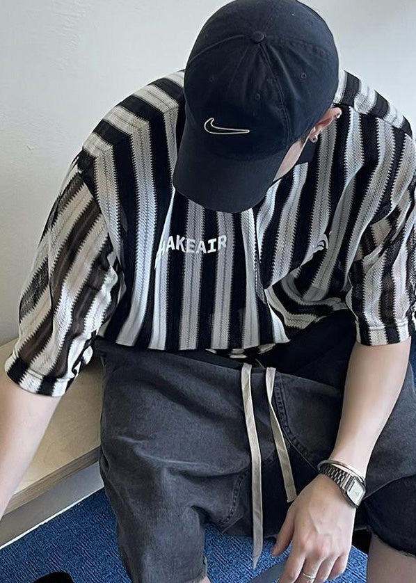 Plus Size Black Oversized Striped Cotton Men&