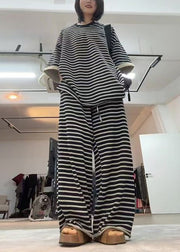 Plus Size Black Oversized Striped Cotton Two Pieces Set Fall