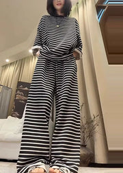Plus Size Black Oversized Striped Cotton Two Pieces Set Fall