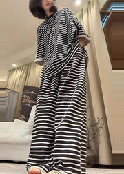Plus Size Black Oversized Striped Cotton Two Pieces Set Fall