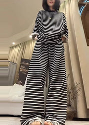 Plus Size Black Oversized Striped Cotton Two Pieces Set Fall