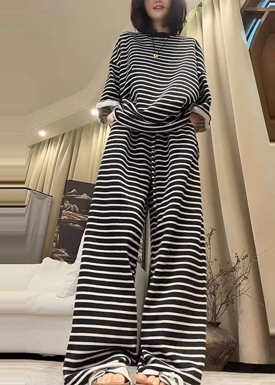 Plus Size Black Oversized Striped Cotton Two Pieces Set Fall