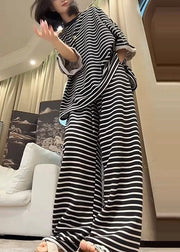 Plus Size Black Oversized Striped Cotton Two Pieces Set Fall