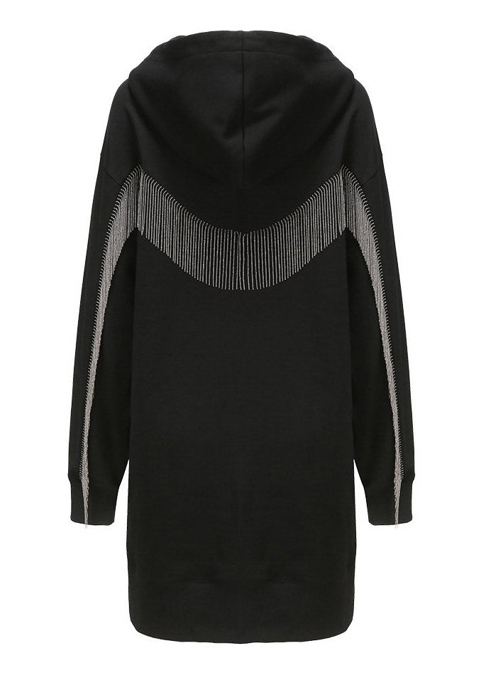 Plus Size Black Patchwork Tassel Cotton Hooded Mid Dresses Fall