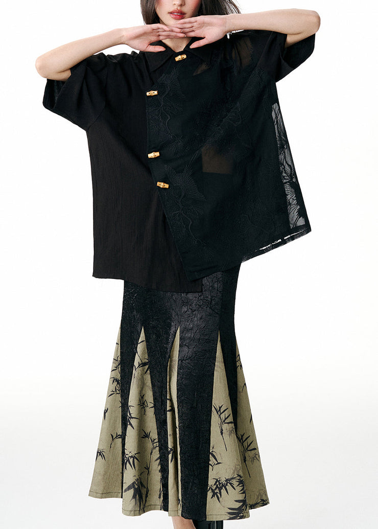 Plus Size Black Peter Pan Collar Embroideried Patchwork Tulle Blouses Fall