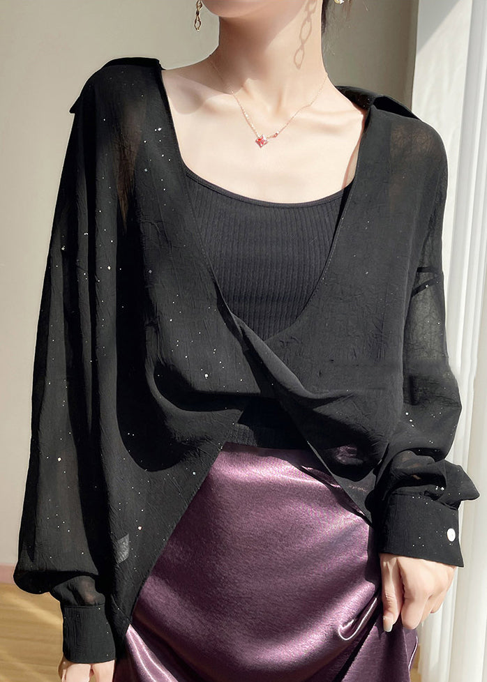 Plus Size Black Peter Pan Collar Solid Chiffon Blouses Fall