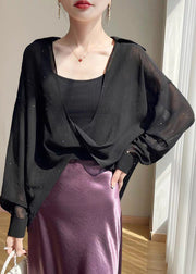 Plus Size Black Peter Pan Collar Solid Chiffon Blouses Fall