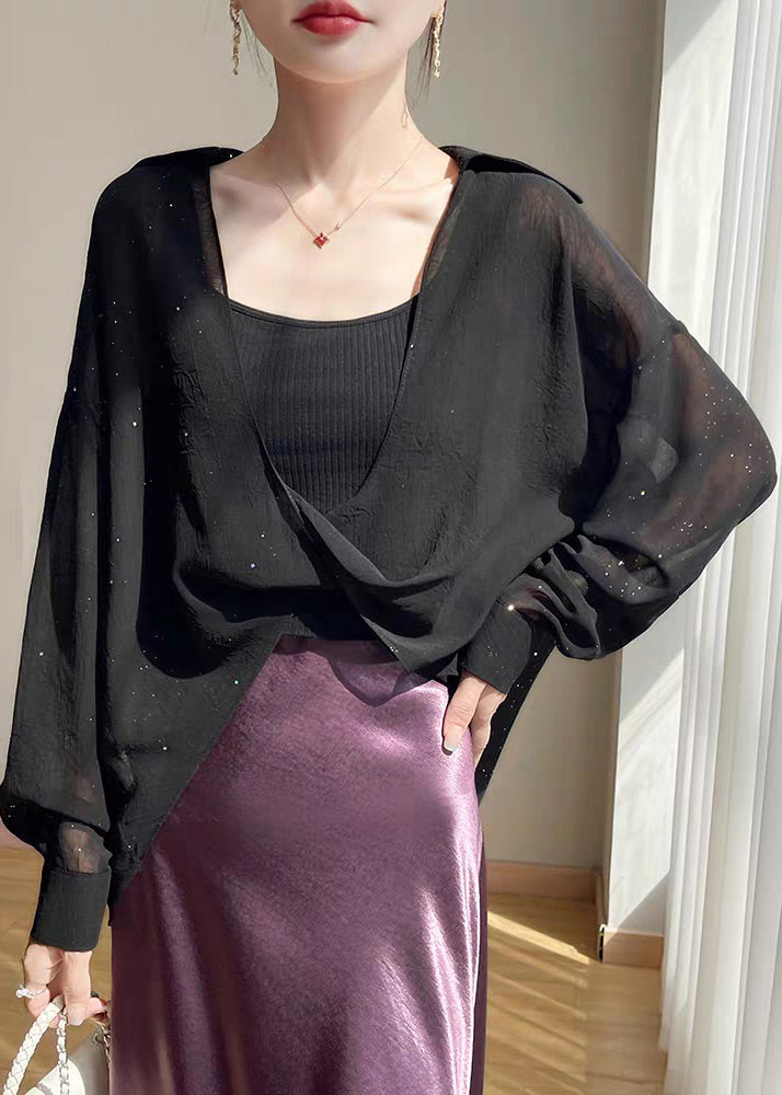 Plus Size Black Peter Pan Collar Solid Chiffon Blouses Fall