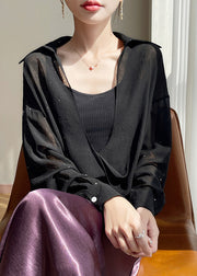 Plus Size Black Peter Pan Collar Solid Chiffon Blouses Fall