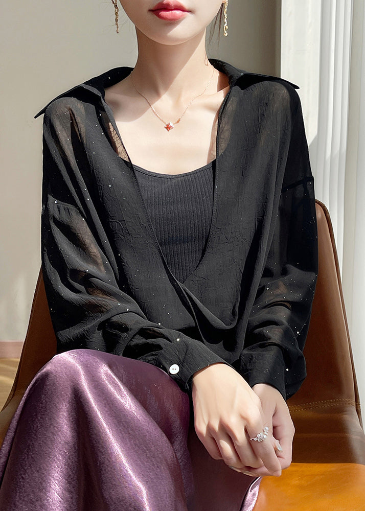 Plus Size Black Peter Pan Collar Solid Chiffon Blouses Fall