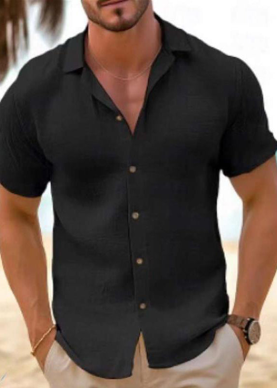 Plus Size Black Peter Pan Collar Solid Cotton Shirt Men Summer