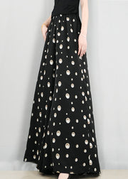 Plus Size Black Print Pockets Elastic Waist Cotton Pants Summer