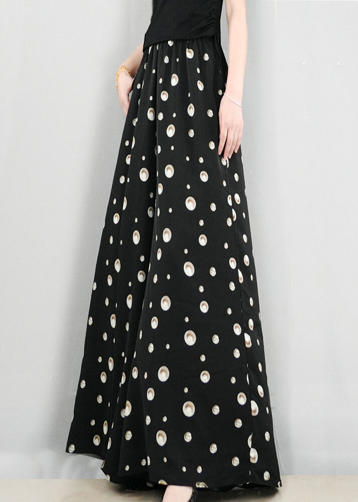 Plus Size Black Print Pockets Elastic Waist Cotton Pants Summer