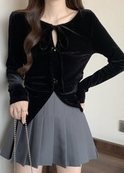 Plus Size Black Side Open Flower Decorated Silk Velour Shirts Fall