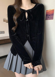 Plus Size Black Side Open Flower Decorated Silk Velour Shirts Fall