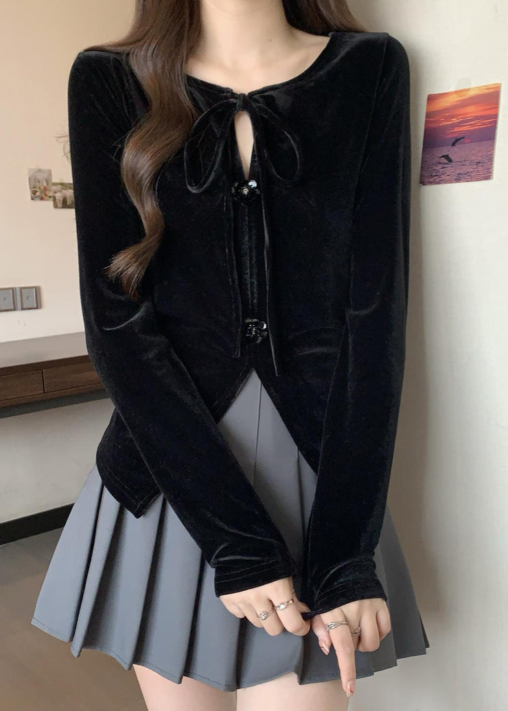 Plus Size Black Side Open Flower Decorated Silk Velour Shirts Fall