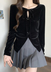 Plus Size Black Side Open Flower Decorated Silk Velour Shirts Fall