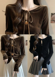 Plus Size Black Side Open Flower Decorated Silk Velour Shirts Fall