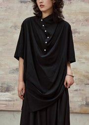 Plus Size Black Stand Collar Button Cotton Blouses Half Sleeve