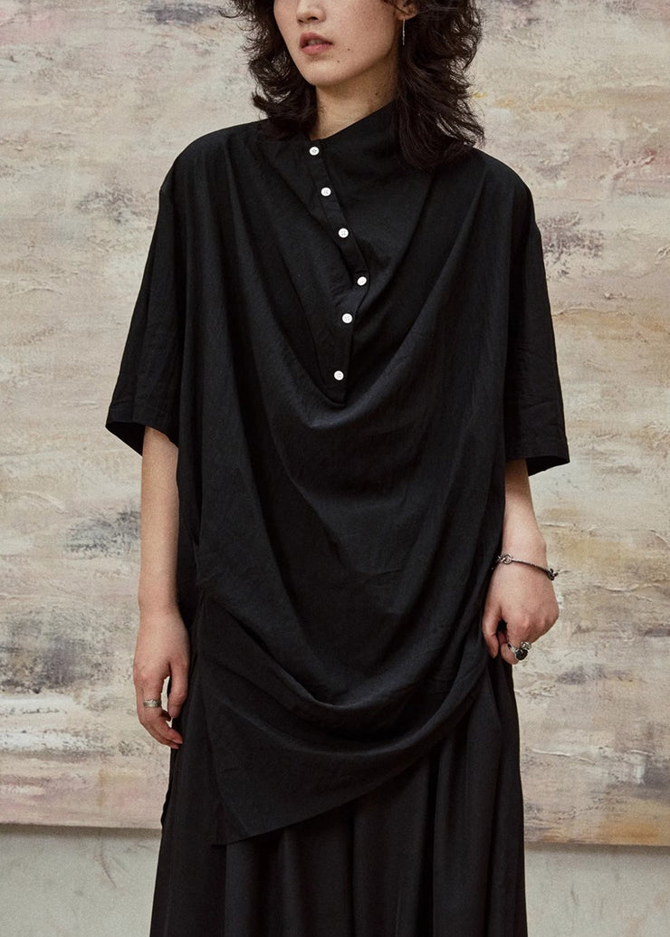 Plus Size Black Stand Collar Button Cotton Blouses Half Sleeve