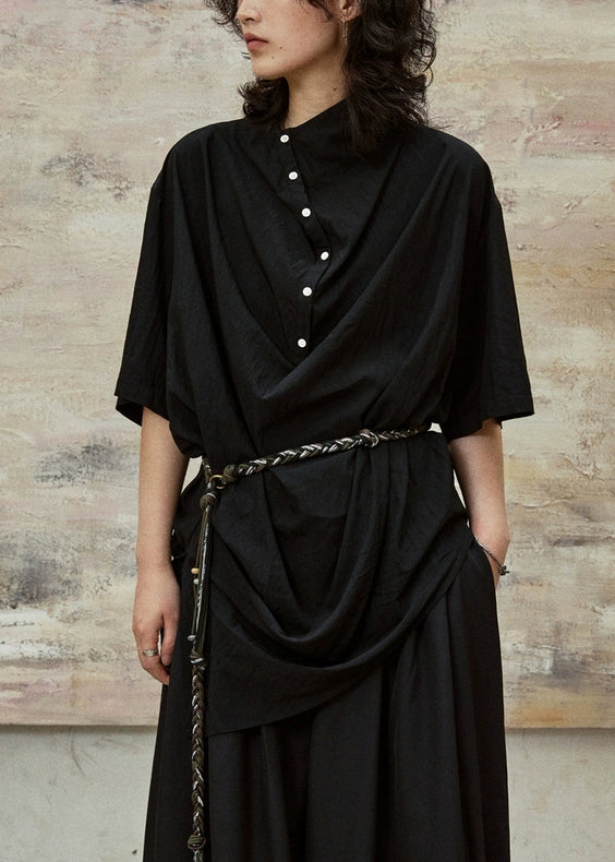 Plus Size Black Stand Collar Button Cotton Blouses Half Sleeve