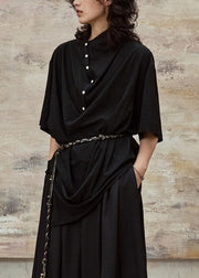 Plus Size Black Stand Collar Button Cotton Blouses Half Sleeve