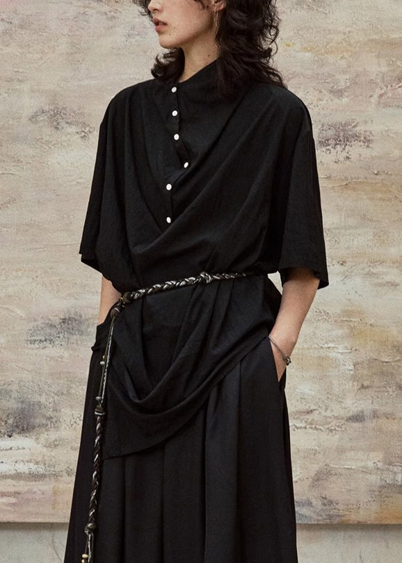 Plus Size Black Stand Collar Button Cotton Blouses Half Sleeve
