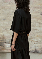 Plus Size Black Stand Collar Button Cotton Blouses Half Sleeve