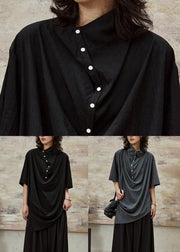 Plus Size Black Stand Collar Button Cotton Blouses Half Sleeve