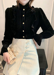 Plus Size Black Stand Collar Ruffled Wrinkled Solid Silk Velour Shirts Long Sleeve