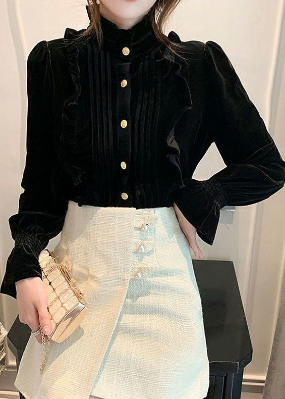 Plus Size Black Stand Collar Ruffled Wrinkled Solid Silk Velour Shirts Long Sleeve