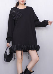 Plus Size Black Tasseled Floral Cotton Day Dress Spring