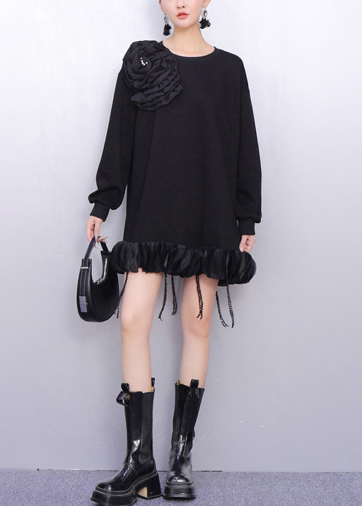 Plus Size Black Tasseled Floral Cotton Day Dress Spring