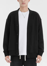 Plus Size Black V Neck Button Pockets Cotton Mens Cardigan Fall