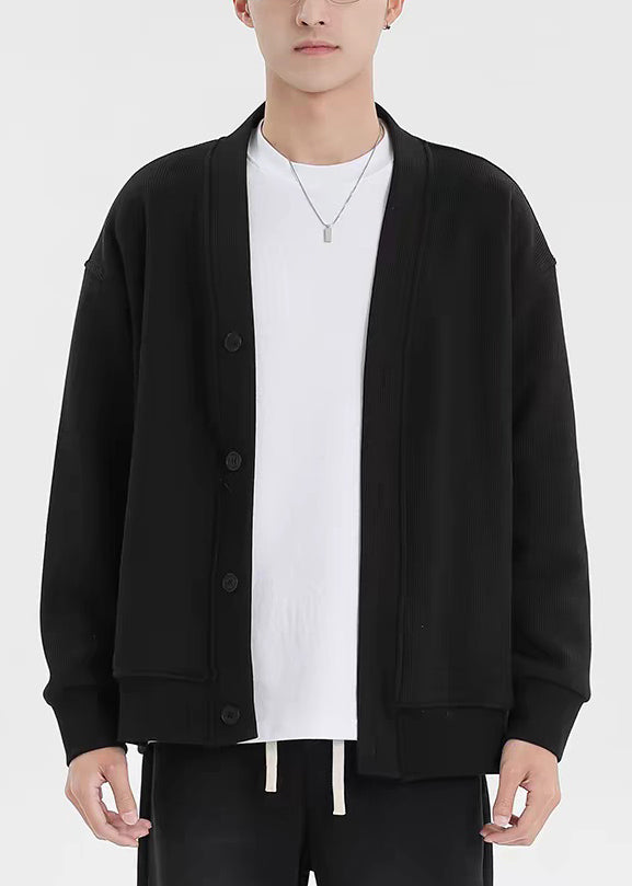Plus Size Black V Neck Button Pockets Cotton Mens Cardigan Fall