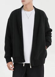Plus Size Black V Neck Button Pockets Cotton Mens Cardigan Fall
