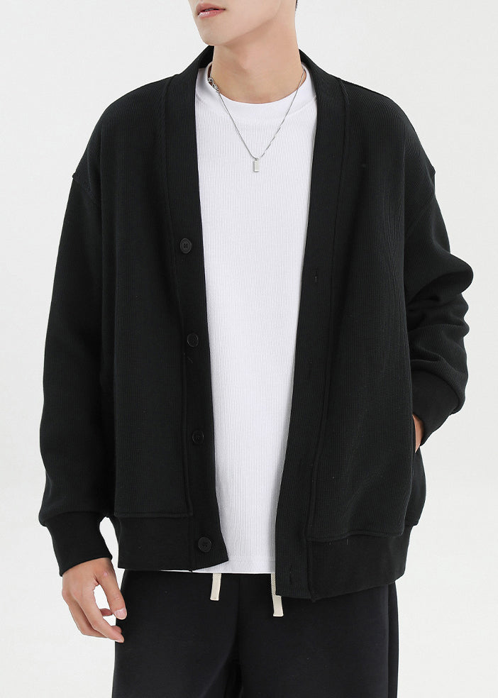 Plus Size Black V Neck Button Pockets Cotton Mens Cardigan Fall